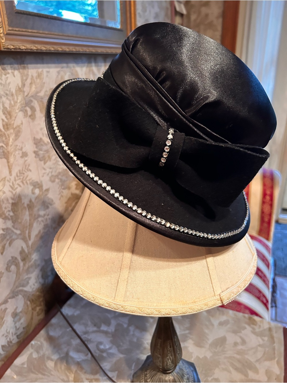 Black Rhinestone-Trim Bow Women's Dress Hat